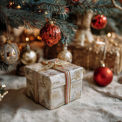 toy and gift under Christmas tree. High quality photo. Copy space image. Place for adding text and design