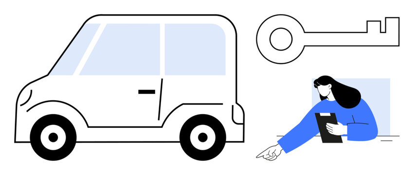 Compact car, oversized key, and female professional offering support with a clipboard. Ideal for car rental, auto dealership, key exchange, driving lessons, ride-sharing, car ownership simple - Powered by Adobe