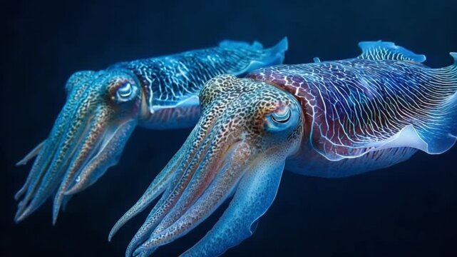 Two cuttlefish swim in dark blue water, their intricate patterns and textures highlighted