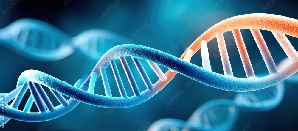 Wall mural abstract dna structure with vibrant blue and red strands on gradient background