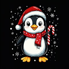 Christmas penguin wearing Santa hat holding candy cane on black background.  Cute penguin illustration with red scarf and Santa hat holding candy cane in snowy background