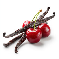 Vanilla stick with cherry and chocolate on white backgrounds