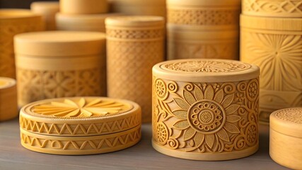 Collection of intricately carved wooden round boxes