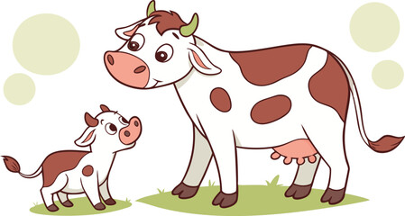 Cow and baby cow in field illustration vector design, Cow logo design, Cow illustration vector design