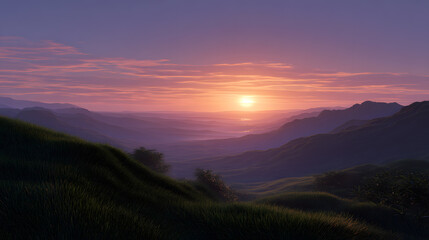 Obraz premium Golden Sunset over Misty Mountains: Witness the breathtaking beauty of a sunset over misty mountains, the sky painted with hues of gold and purple, offering a serene and majestic panoramic view.