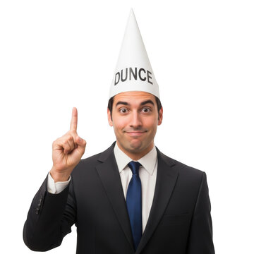 Man wearing dunce cap pointing finger isolated on transparent background