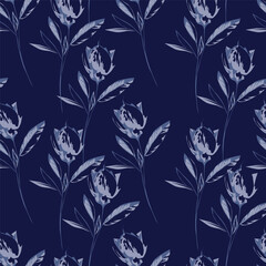 Seamless patter with blue flowers. Vector illustration. Fabric print