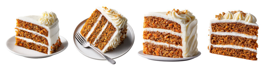 Set of Carrot Cake Slices with Cream Cheese Frosting and Nut Toppings on Transparent Background