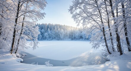 Obraz premium Serene Winter Wonderland: Frozen Lake Framed by Snow-Covered Trees at Sunrise