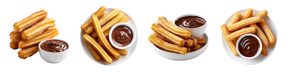 Set of Crispy Churros with Sugar and Thick Chocolate Dipping Sauce on Transparent Background