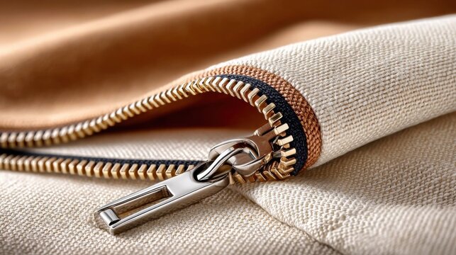 Close-up of a zipper on textured beige fabric in high detail