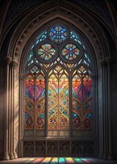 Ornate stained glass window in gothic architecture