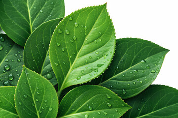 Vibrant fresh green foliage covered in morning dew droplets. A detailed macro of natural plant leaves with clean water drops on a white background.