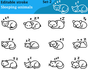 Cute sleeping animal icons featuring cats, dogs, pandas, and bunnies resting peacefully on pillows or crescent moons, with soft colors, closed eyes, and cozy poses, symbolizing rest and relaxation.