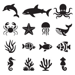 Obraz premium Vector art of a vibrant collection of twelve stylized black and white icons showcasing diverse marine animals and underwater flora
