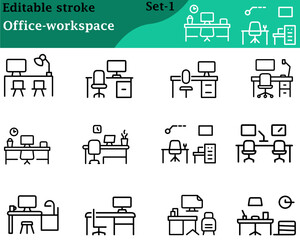 Modern office workspace icons featuring desks chairs computers stationery, and accessories, designed with minimal lines clean colors to symbolize productivity, organization, professional environments.
