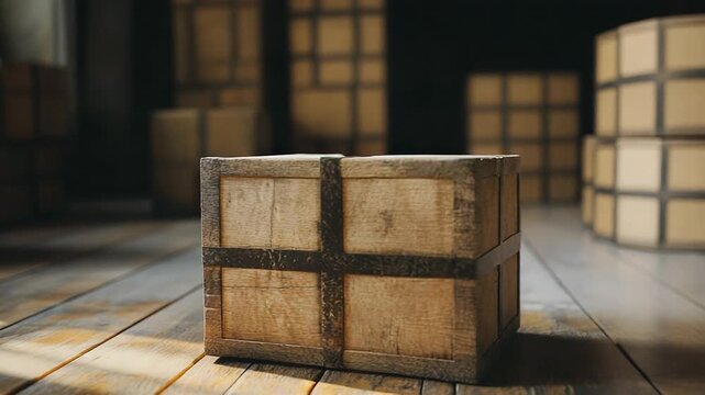 Old wooden crate resting on warehouse floor with other crates in background