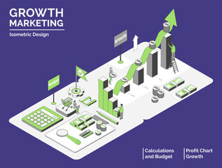 Cartoon Color Budget and Profit Chart Growth Marketing Concept 3d Isometric View Line Elements. Vector illustration