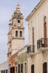 Beautiful Spanish colonial architecture and church in the city center of Campeche, Mexico.
