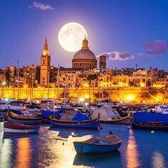 Obraz premium Cityscape at twilight with full moon