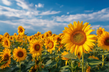 Fototapeta premium A closeup view of a sunflower in a field, with more sunflowers stretching into the distance under a blue sky