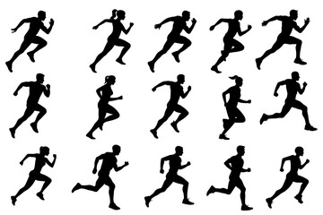 Vector silhouettes of men and women engaged in various sports like soccer, basketball, and tennis, illustrating dynamic action and competition