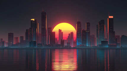 Fototapeta premium Futuristic neon-lit city skyline at twilight with glowing retro sunset, reflecting off tranquil waters, showcasing cyberpunk-style skyscrapers and a dramatic digital atmosphere in synthwave tones