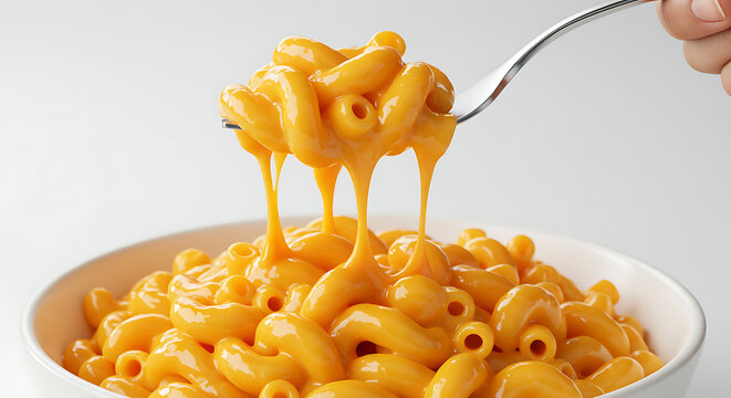 A delicious, close-up shot of creamy macaroni and cheese in a white bowl, isolated on a clean white background. 