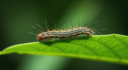 Close-up of a Colorful Caterpillar on a Vibrant Green Leaf