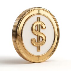 A close up of a gold coin with a dollar sign on it against a white background view