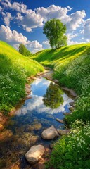 Tranquil stream winding through a lush, grassy meadow.