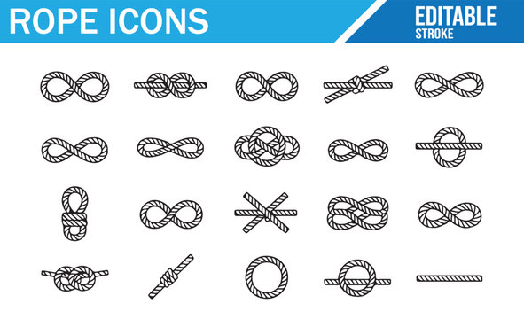  Set of Rope Icons, Knots, Tying, and Binding. Editable Stroke Vector Icons for Ropework, Sailing, and Knot Tying Techniques.