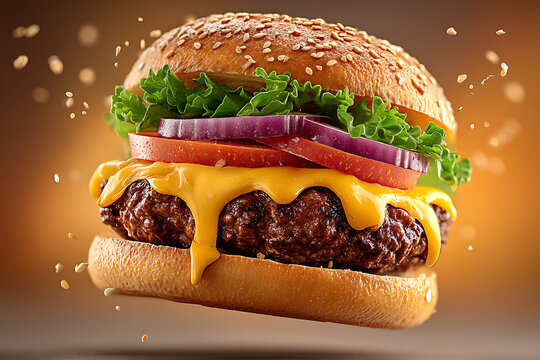 Deliciously juicy cheeseburger with melted cheddar cheese and fresh toppings levitating in mid air
