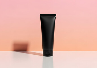 A black tube of cosmetic product stands upright on a white surface against a peach gradient background, casting a soft shadow.
