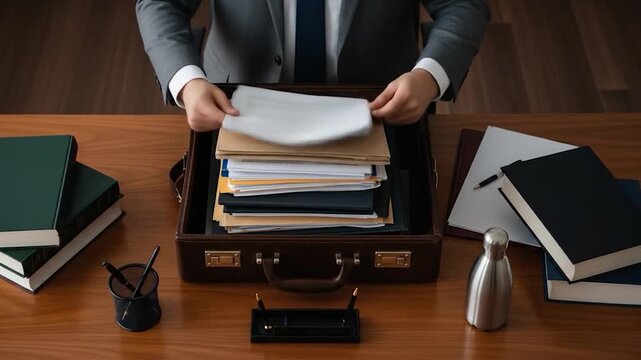 Lawyer Organizes Documents in Briefcase at Desk - Legal Work