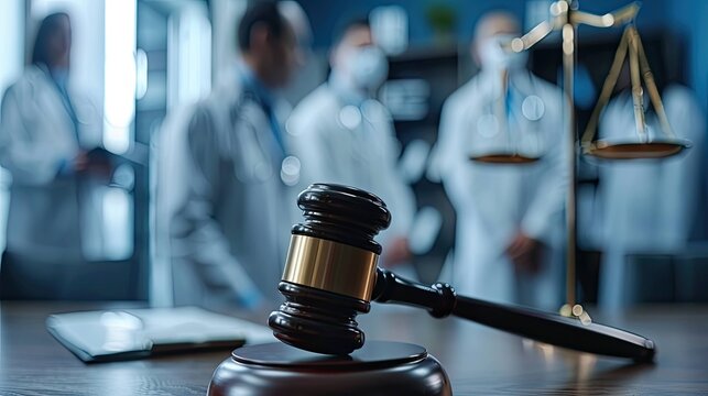 Symbol of justice foregrounds a courtroom scene with doctors in conversation, highlighting medical ethics and law.