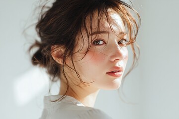 女性の顔アップ 背景白