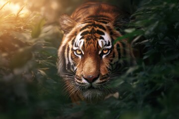 Dramatic close-up of a tiger emerging from jungle foliage in golden light