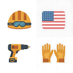 Labor Day icon set featuring tools, safety gear, and symbols. Solid, filled icons set of Labor Day celebration: hard hat, gear, wrench, handshake,