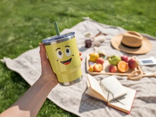 Cheerful picnic scene with yellow smiley tumbler, fruit basket, hat and book on striped blanket