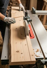 Carpenter using table saw to cut wooden plank, symbolizing craftsmanship and woodworking industry