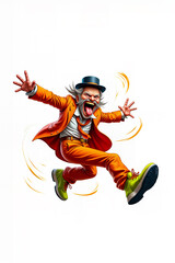 Fototapeta premium An exuberant, elderly magician with a wild expression, dressed in a vibrant orange suit and hat, captured in a dynamic, cartoonish leap.