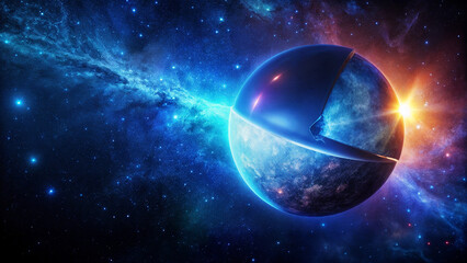 Obraz premium depicts a celestial scene with a large, glowing planet set against a backdrop of a colorful, star-studded space with nebulae and distant stars.