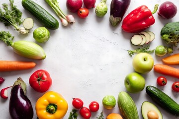 Minimal Flat Lay of Vegetables and Fruits Arranged in Circular Pattern