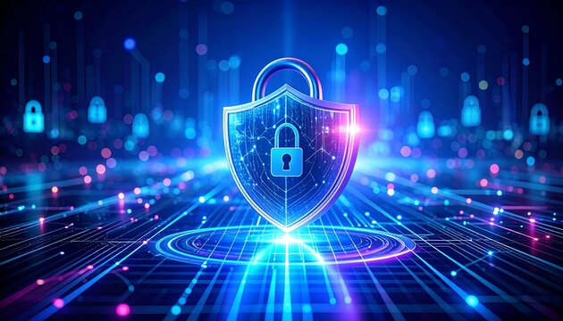 Cyber Security Shield Futuristic Digital Protection Glowing Network Padlock Icon. - Powered by Adobe