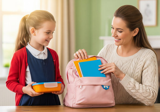 A smiling mother and her young daughter are packing a pink backpack together at a table. The mother places colorful notebook into the backpack, while daughter holds a lunchbox and looks on happily.