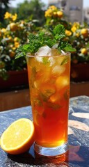 Iced tea with mint and orange slice.