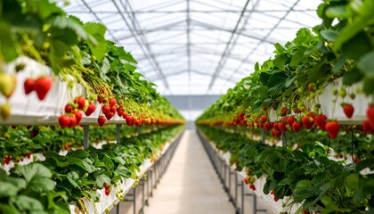 Lush Strawberry Greenhouse Rows of Ripe Berries Under Glass.