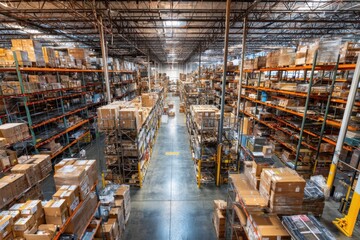 A warehouse with high shelves filled with boxes and pallets of goods, showcasing the well-organized storage space for technology products in an industrial setting Generative AI