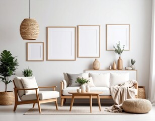 salon blanc et rotin confortable et moderne en ia, décoration fine